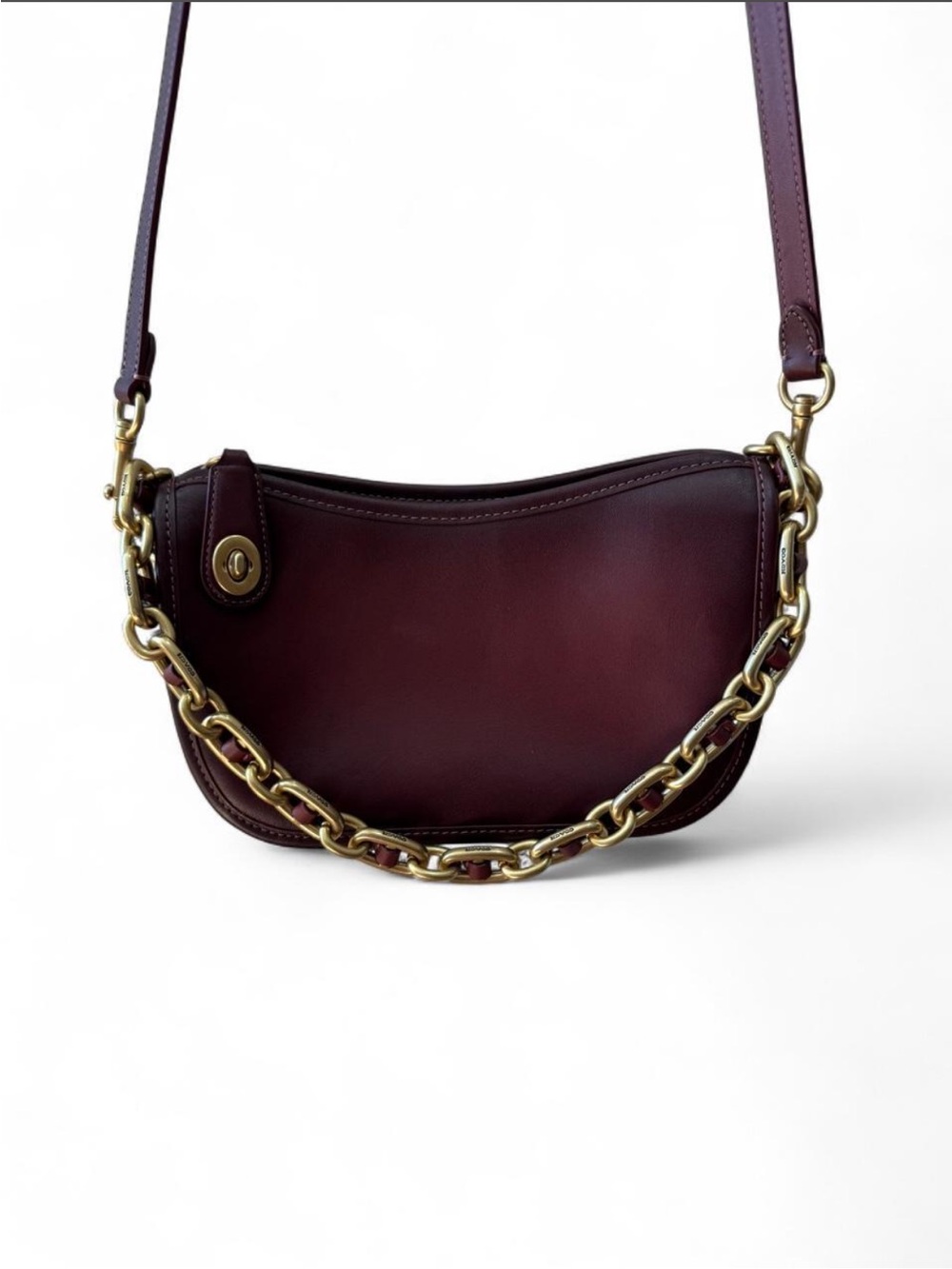 Coach Burgundy Leather Crossbody with Gold Chain Trim